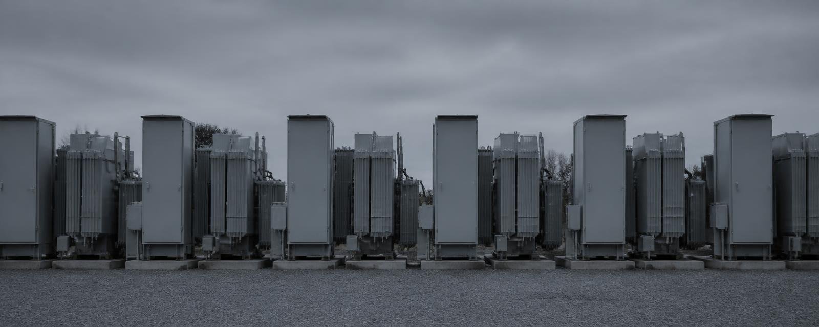 A row of grid transformers and inverter cabinets seen straight on
