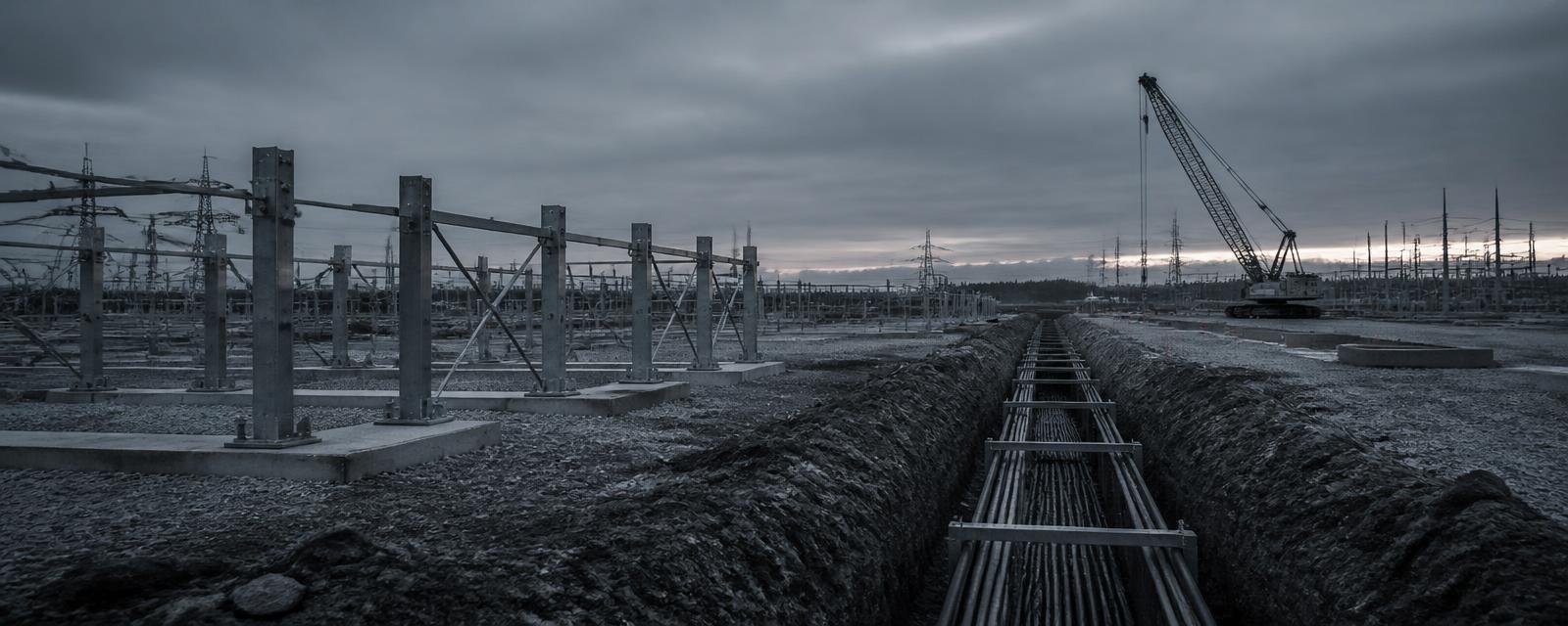 Foundations, cable trench and crane on an energy infrastructure construction site at dawn