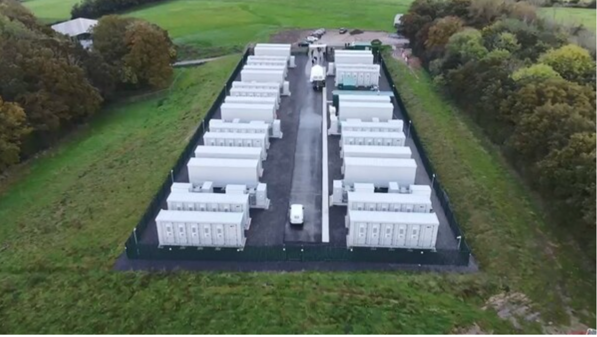 Aerial view of the Botley battery energy storage site with container rows